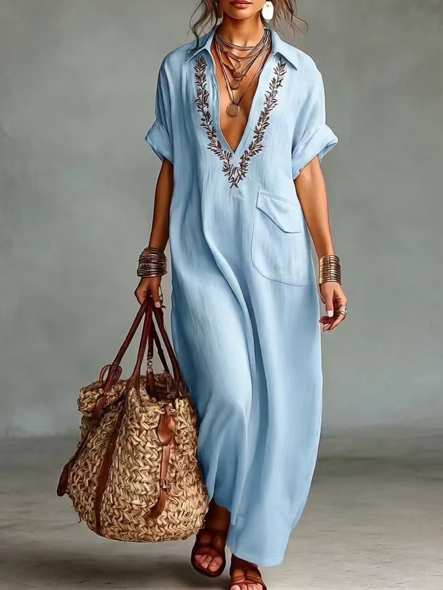 Robe longue en lin mélangé pour femmes, col en V brodé, manches courtes, coupe ample, robe à poches, style décontracté bohème, vacances d'été à la plage, kaftan