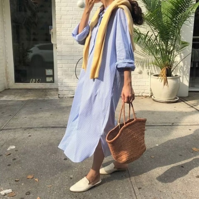 Robe chemise décontractée à manches longues pour femme, style vintage rayé, coupe ample, mode printemps-été