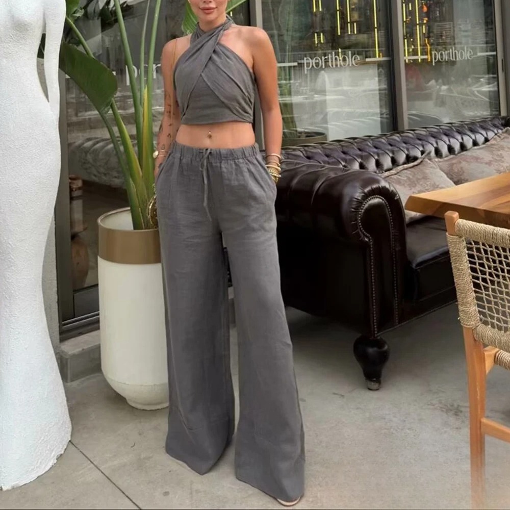 KONDALA Streetwear kaki costumes femmes sans manches licou Sexy haut court femmes + taille haute pantalon à jambes larges mode 2025 ensembles
