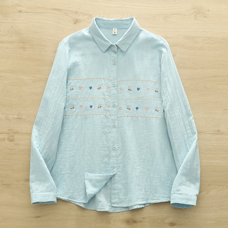 2025 vêtements pour femmes coréennes 100% fil de coton bleu blanc broderie chemises à manches longues chemisiers élégants pour dames de bonne qualité