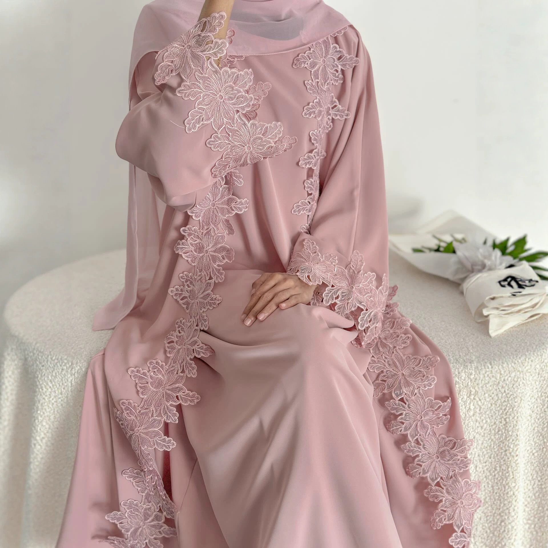 Robe d'Aïd, Abaya, Ensemble de 2 pièces, Cardigan en dentelle, Robe pour femmes musulmanes, Tenue de fête du Ramadan, Abayas de Dubaï, Kaftan, Vestidos, Jalabiya