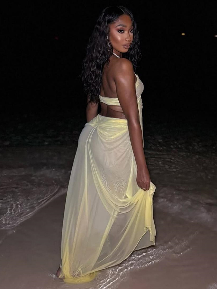 Cutenew Voir À Travers Chic Robe Femmes Sexy Halter Chaîne Dos Nu Irrégulier Froncé Patchwork Sexy Vacances Fête D'anniversaire Clubwear