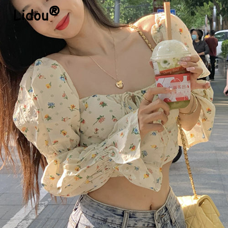 Chemisier Vintage à manches évasées pour femmes, imprimé Floral coréen, laçage, chemise décontractée, col carré, doux, haut court élégant, printemps été