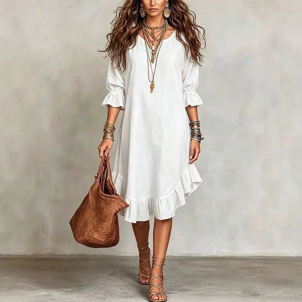 Robe élégante à col en V et manches mi-longues avec détail volanté à l'ourlet, en tissu tissé européen et américain, mode féminine 2026