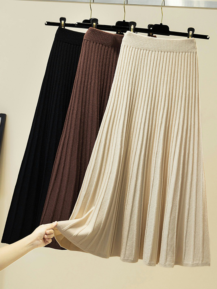 Jupes tricotées pour femmes, automne, épaisses, plissées, longues, vintage, taille haute, côtelées, unies, décontractées, streetwear 2026