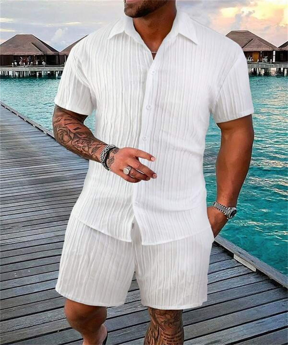 Nouvelle Collection 2024 : Ensemble de Plage Homme Tendance – Chemise Décontractée Manches Courtes Couleur Unie et Short Ample pour Sports de Plein Air