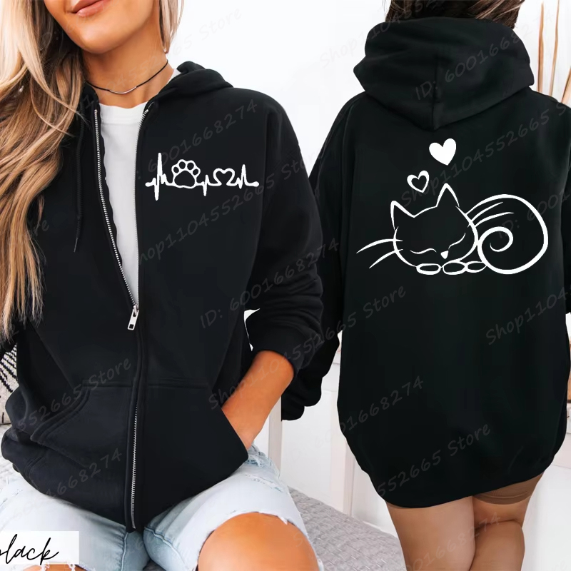Femmes veste à capuche avec fermeture éclair automne hiver nouveau chat mignon battement de chaleur ligne sweat à capuche imprimé Hip Hop Streetwear femmes veste zippée manteau vêtements