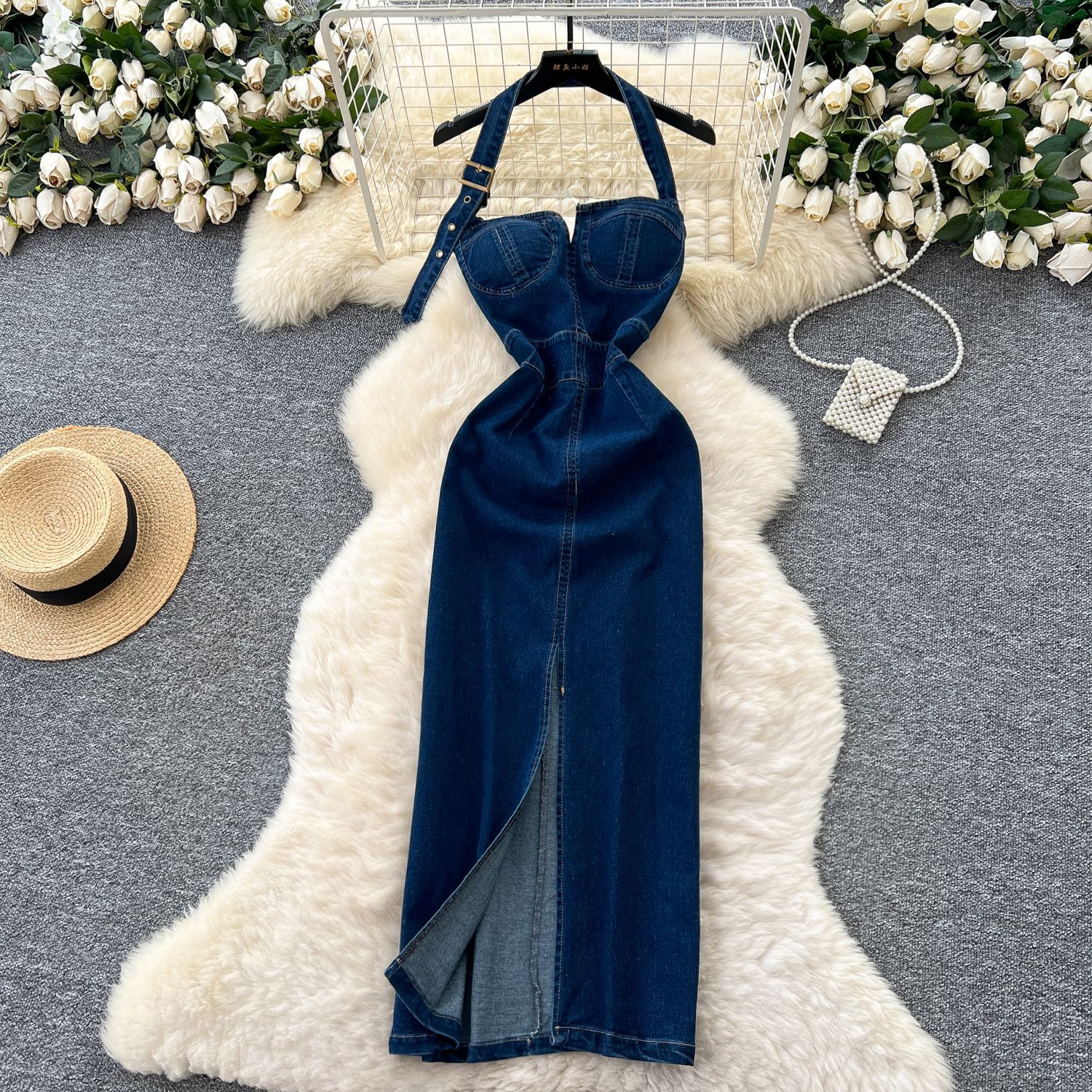 Robe longue en Denim pour femmes, Sexy, col licou, écharpe, Streetwear, portefeuille, hanche, sans manches, épissure élégante, Y2k, soirée, 2025