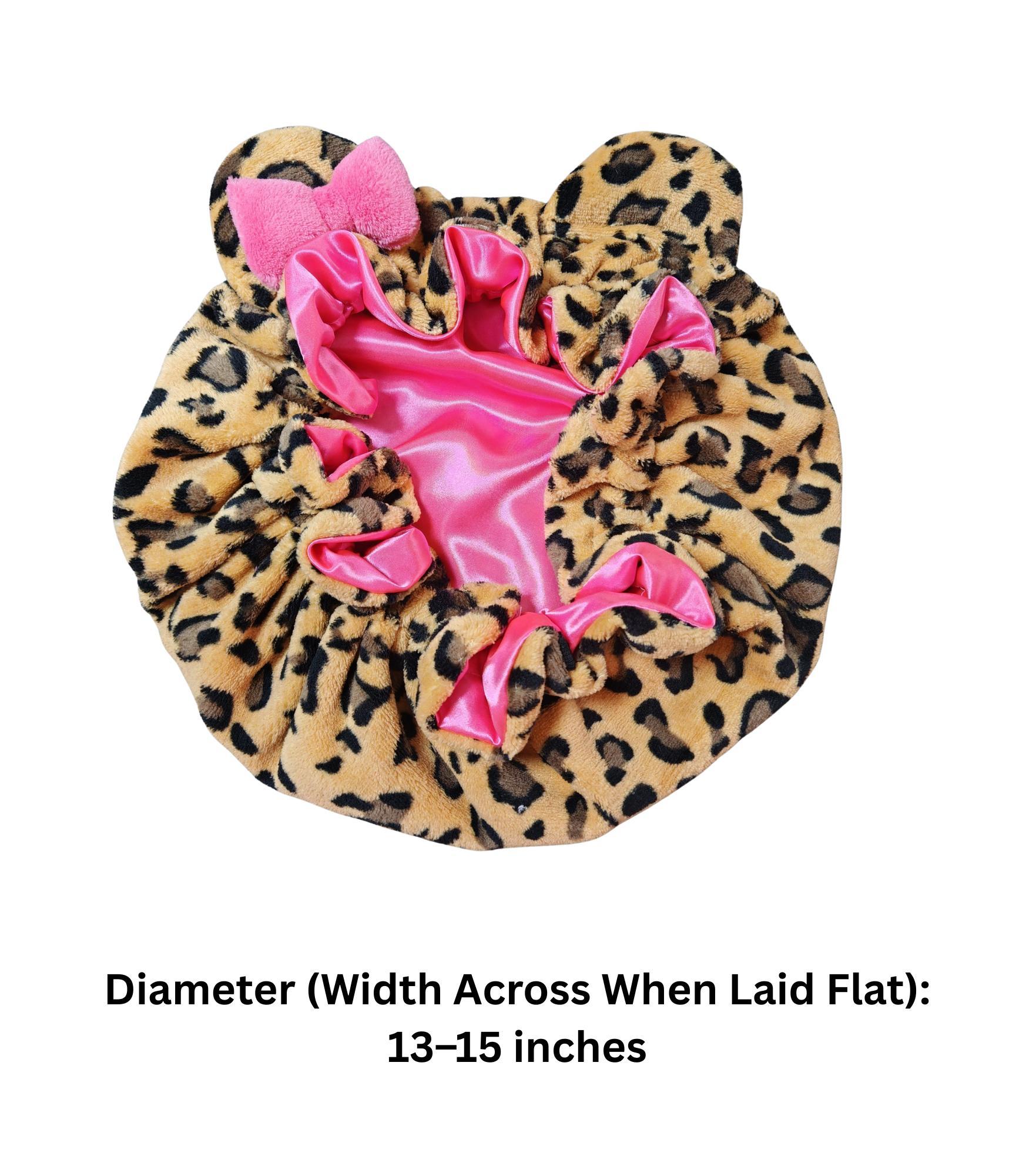 Bonnet de nuit en peluche imprimé léopard avec grand nœud, doublure en satin, doux et moelleux, ajustable avec oreilles d'ours, pour femme