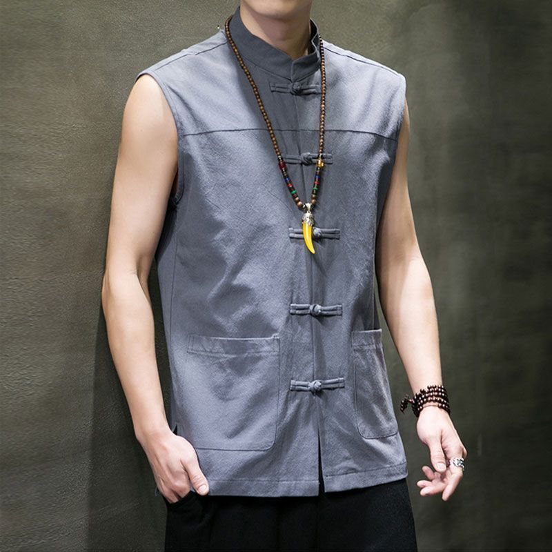 Gilet traditionnel chinois pour homme, chemise sans manches ample à boutons grenouille, col mandarin, devant ouvert, grande taille, haut Hanfu ancien