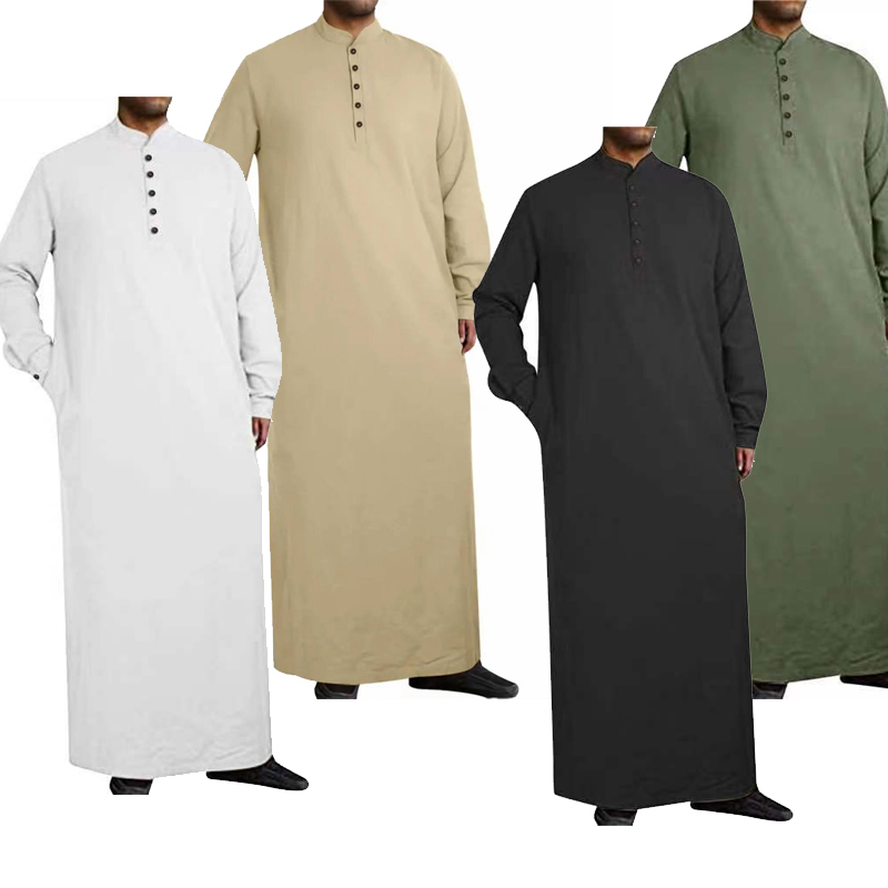 1 pièce à manches longues couleur unie hommes Robe musulmane Abaya vêtements islamiques tunique Robe à manches longues chemises Maxi décontracté hommes vêtements