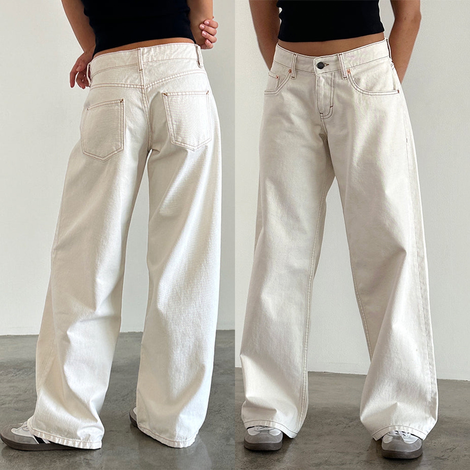Jean Femme Polyvalent, Couleur Unie, Taille Basse, Fermeture Éclair, Bouton, Poches, Streetwear Quotidien
