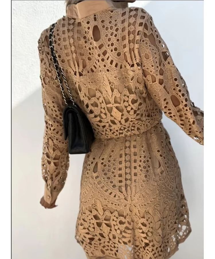 Robe chemise en dentelle évidée pour femme, mini robe élégante, bouton à lacets, dame de bureau, sexy, femme, printemps, automne