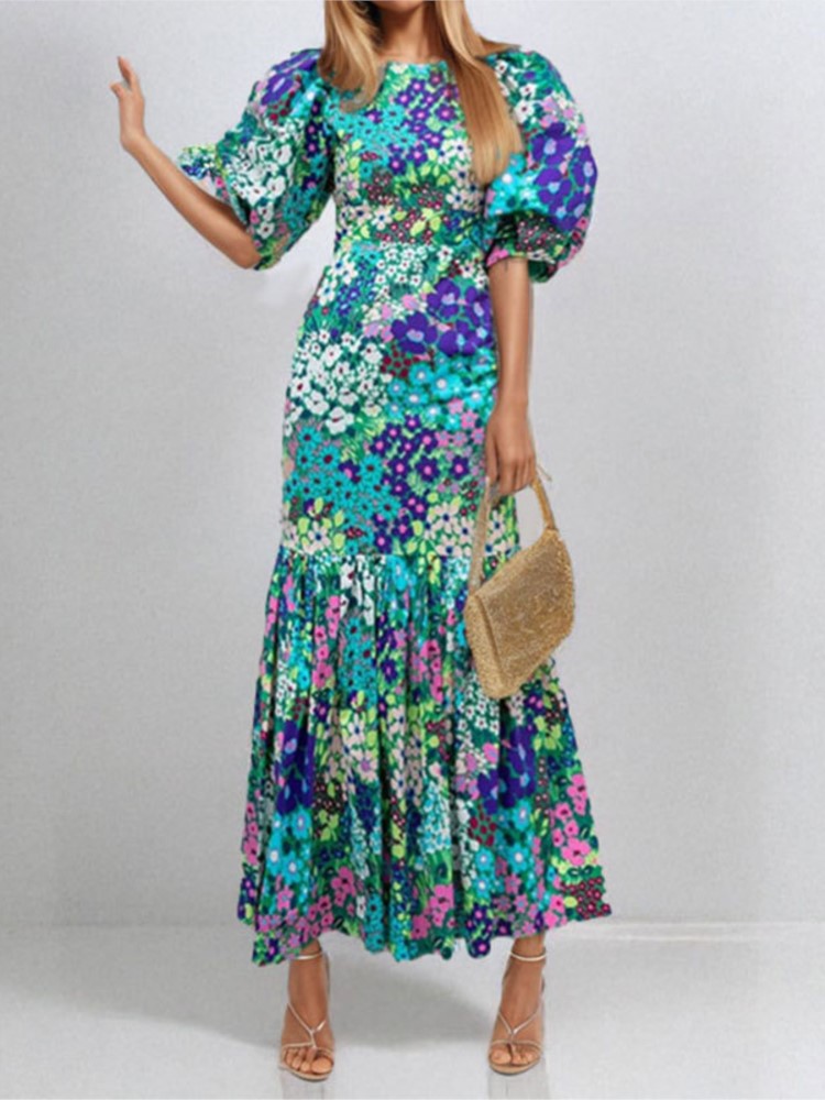 Robe imprimée à la mode pour femmes, décontractée, col rond, manches bouffantes, taille haute, vêtements de fête élégants, nouvelle collection été