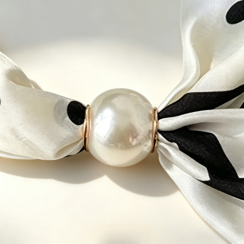 Écharpe de cou en satin pour femmes, petit foulard rayé noir et blanc avec grande boucle magnétique en perles, accessoire de cou élégant et décoratif.