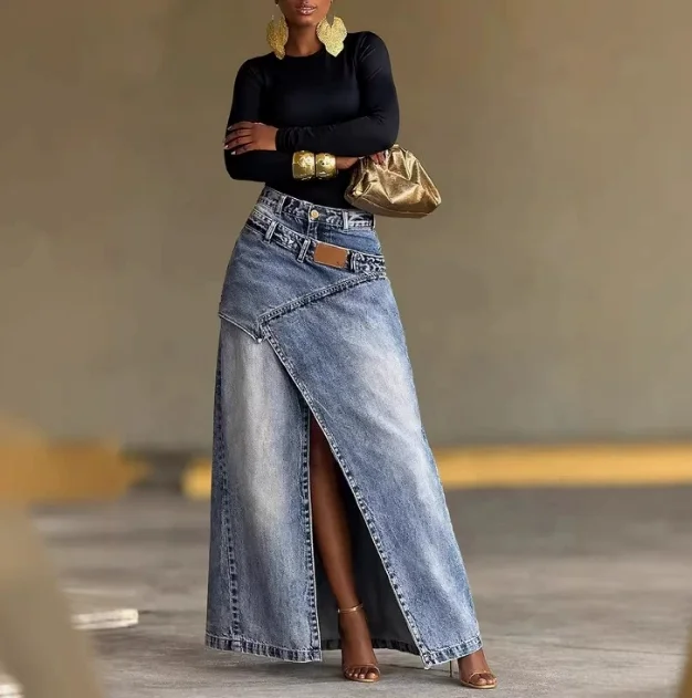 Jupe longue en jean décontractée pour femme, nouvelle collection printemps-automne 2026, couleur unie, taille haute, fente irrégulière, style streetwear, coupe trapèze