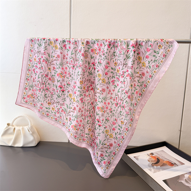 Écharpe carrée à imprimé floral pastoral, imitation soie, protection solaire, cravate haut de gamme, petit foulard carré, foulard pour femme
