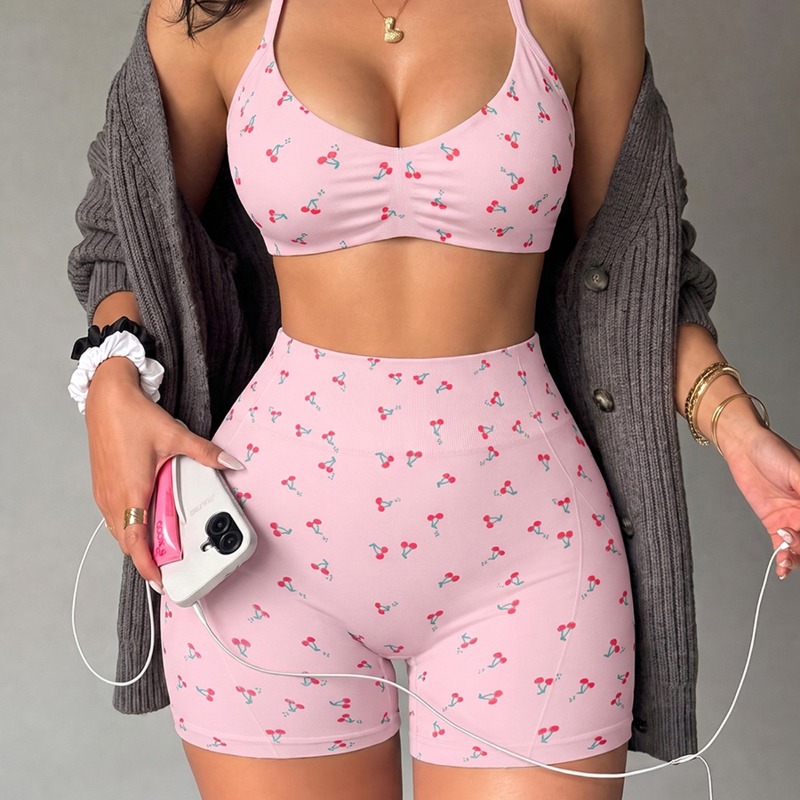 Ensemble de sport 2 pièces imprimé pour femme, sans couture, taille haute, avec soutien-gorge de sport et short effet galbant pour l'entraînement en extérieur, la gym et le fitness