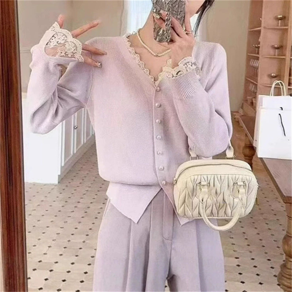 Femmes vêtements automne hiver mode bouton dentelle Patchwork couleur unie tricot femme mince col en v pull Cardigan vêtements hauts