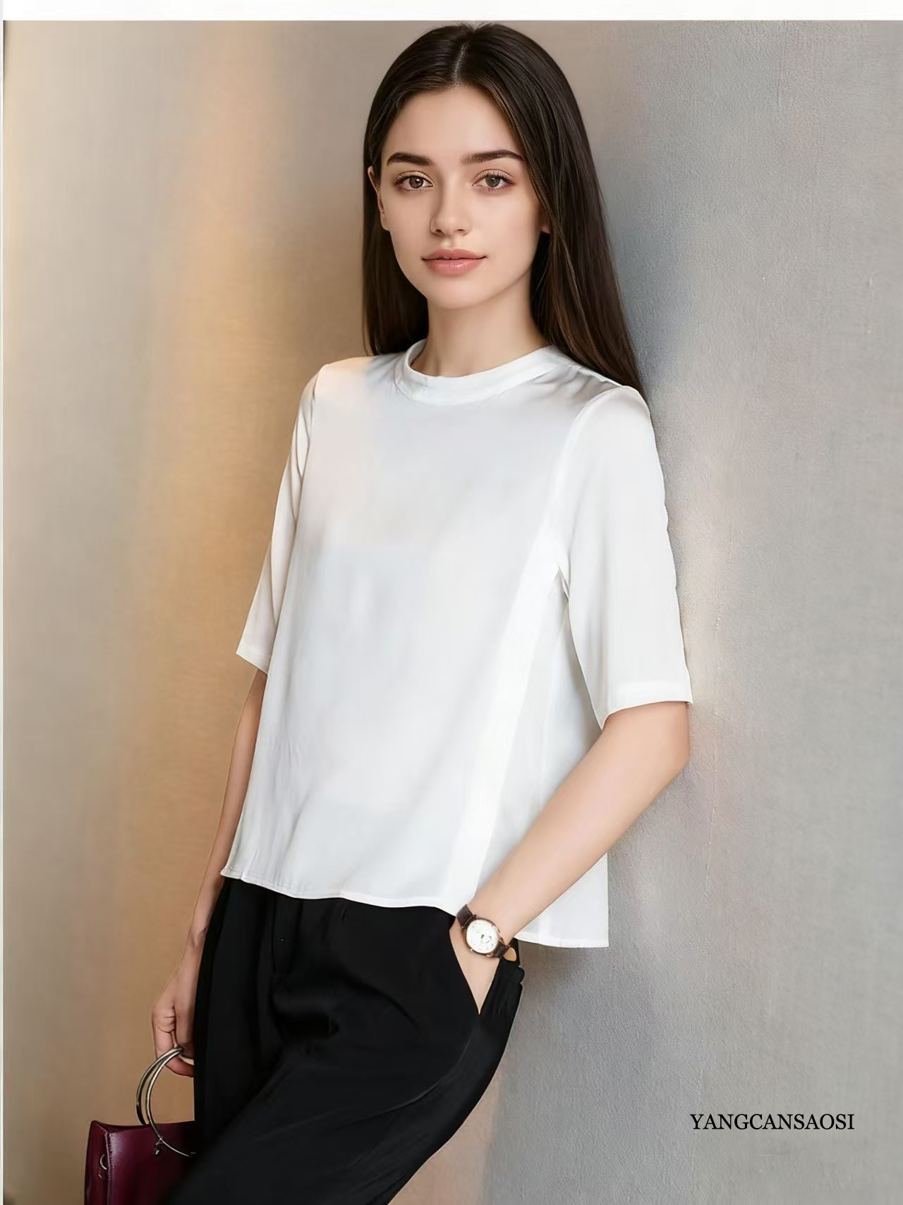 T-shirt à manches mi-longues en Satin élastique pour femmes, vêtements à la mode, haut de gamme, lourd, 91.4% soie de mûrier naturelle, couleur unie