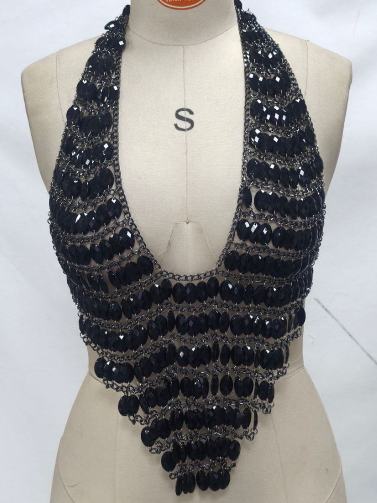 Chaîne Patchwork plage Camisole femmes col en v Sexy dos nu été tendance rue minuit polyvalent Hottie classique hauts