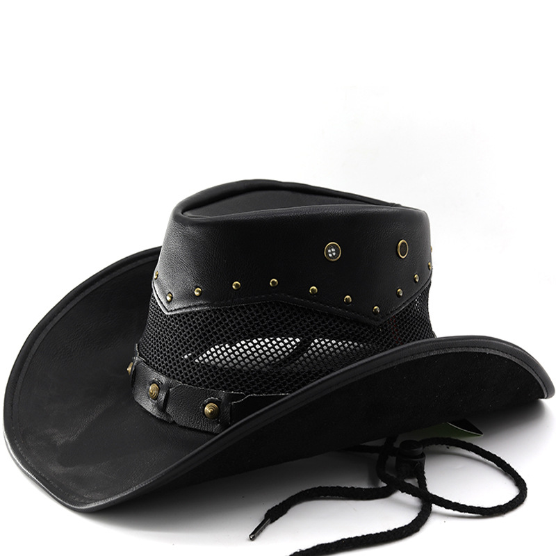 Nouveau Chapeau de Cowboy Western en Cuir Tendance pour Homme, à Large Bord, Style Gentleman, Chapeaux de Cowgirl, Chapeaux de Jazz Respirants avec Corde Coupe-Vent