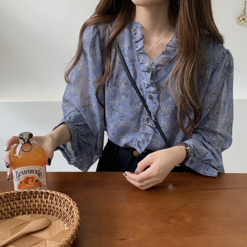 Chemisier en mousseline de soie imprimé floral à manches longues pour femmes, chemise à col en V, vintage, dame de bureau, EATIONS, fourmi, décontracté, mode, 2024
