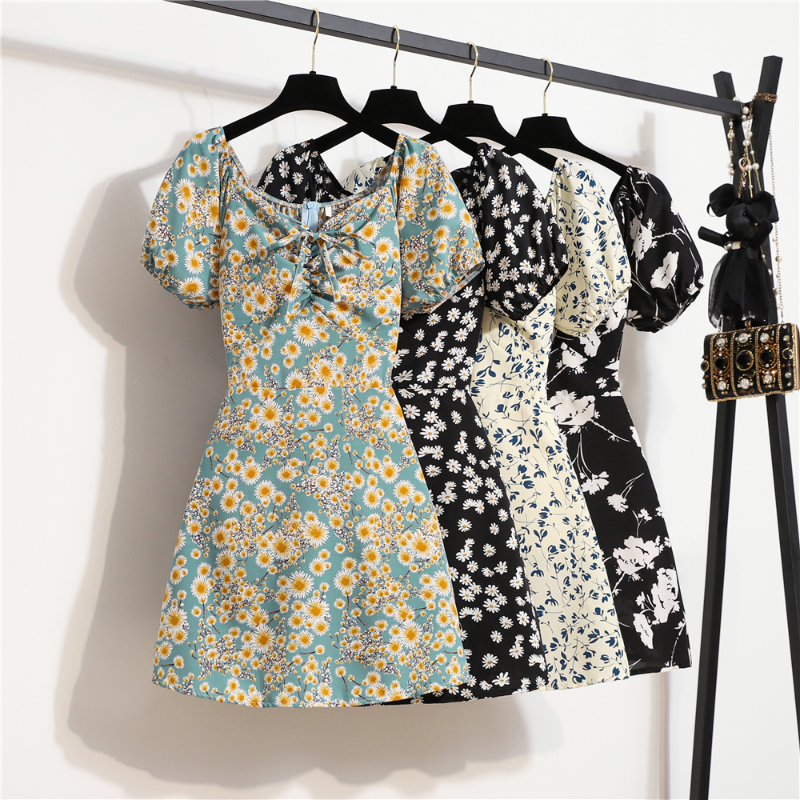 Femmes Mini Robes D'été Mode Femme Robes Imprimé Floral Robes En Mousseline De Soie Fronces Plissée Manches Courtes Bouffantes Robe Décontractée