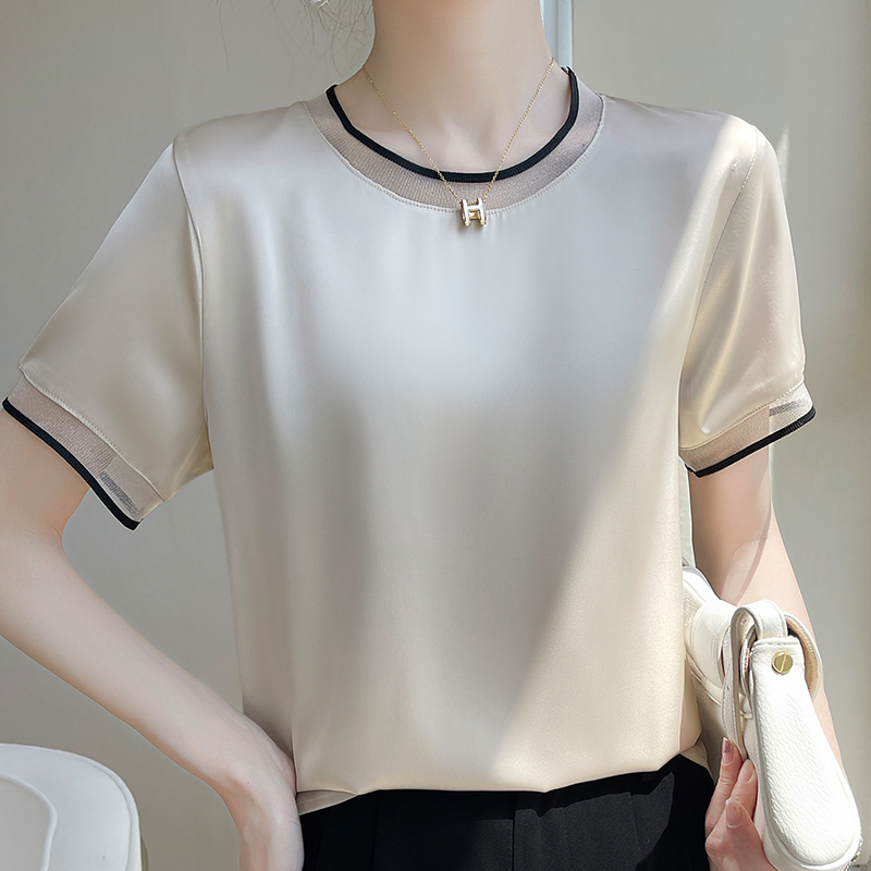 T-Shirt manches courtes col rond pour femme, décontracté et ample, couleur unie, avec dentelle sur le bas, été