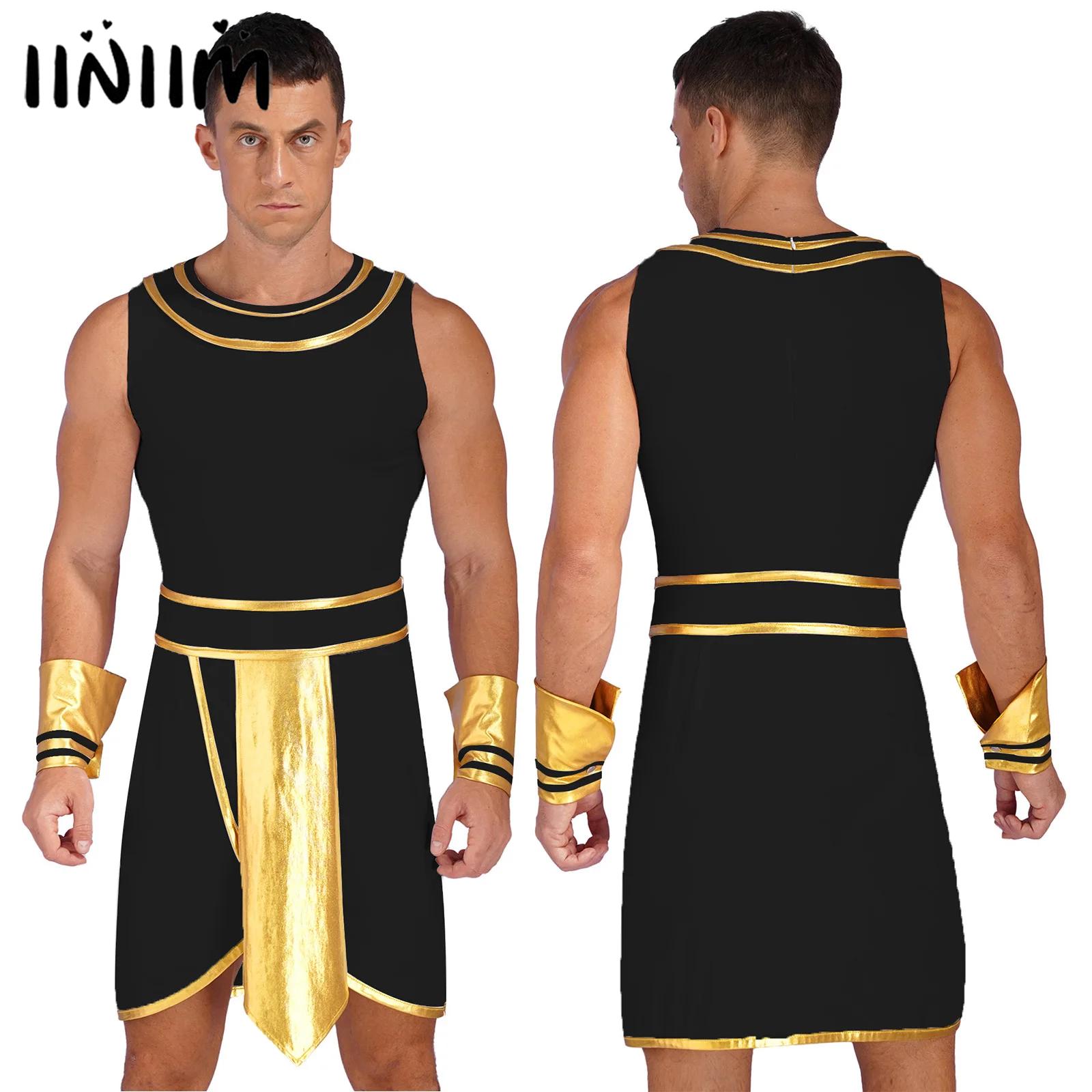Costume de pharaon de l'egypte ancienne pour hommes, tenue de Cosplay du roi, tenue d'halloween, col rond, robe fantaisie égyptienne avec poignets