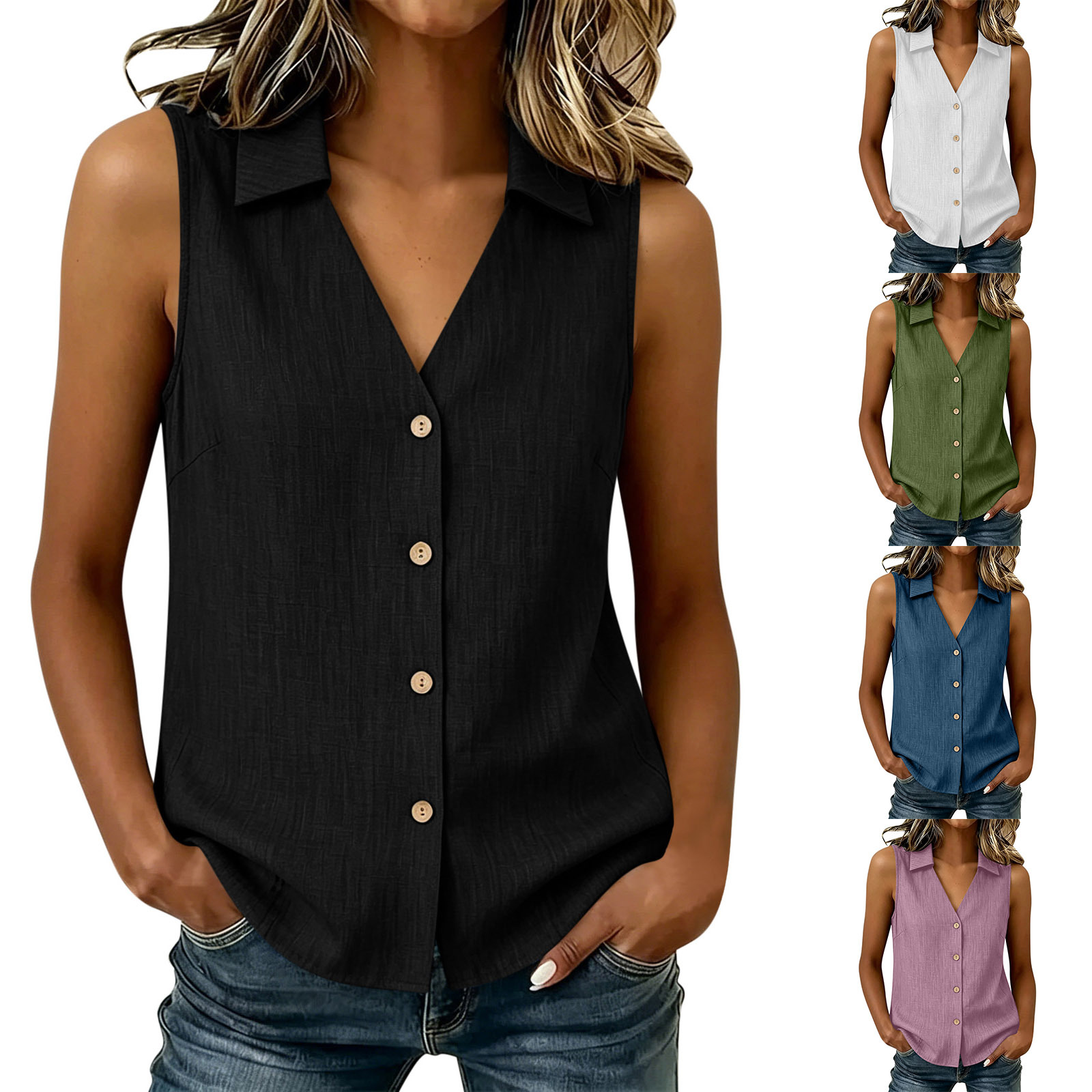 Chemisier sans manches boutonné pour femme, col en V, couleur unie, coupe ample, style OL, été RZYPFS-XY230512-2