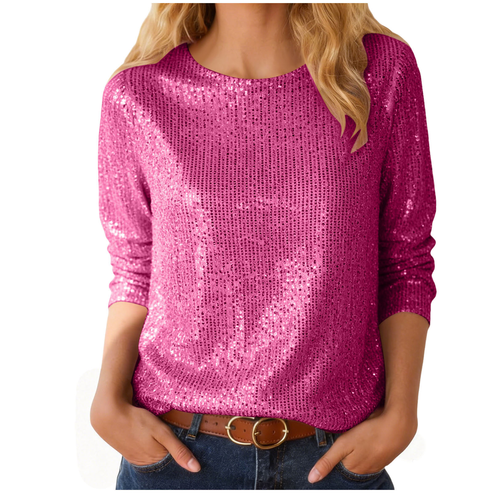 T-shirts à paillettes pour femmes Printemps et été Manches 3/4 Pulls Tops féminins Col rond Brillant Paillettes Tops Carnaval Clubwear