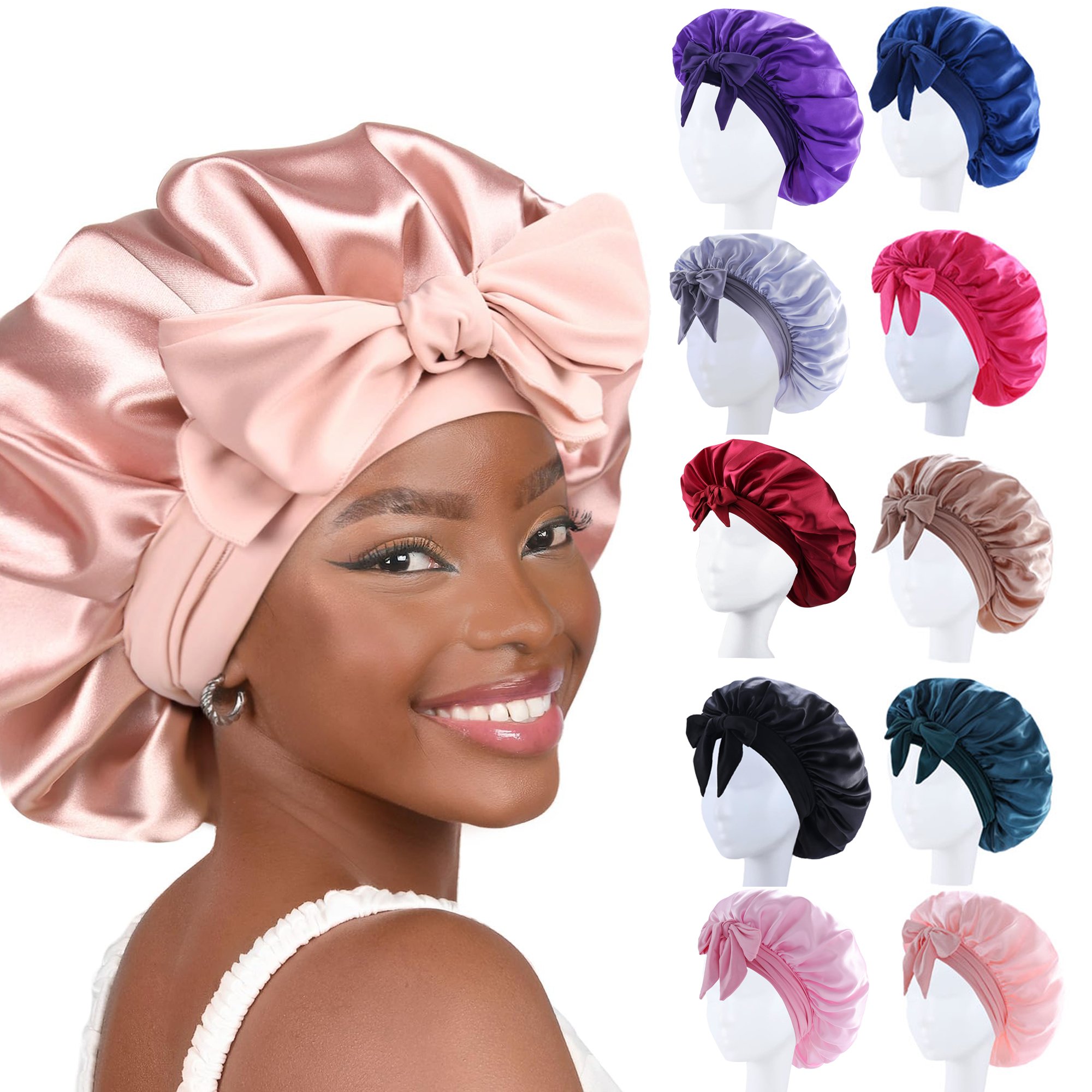 Bonnet en Satin en soie, réglable, pour dormir, avec bandeau à nouer, pour femmes et hommes