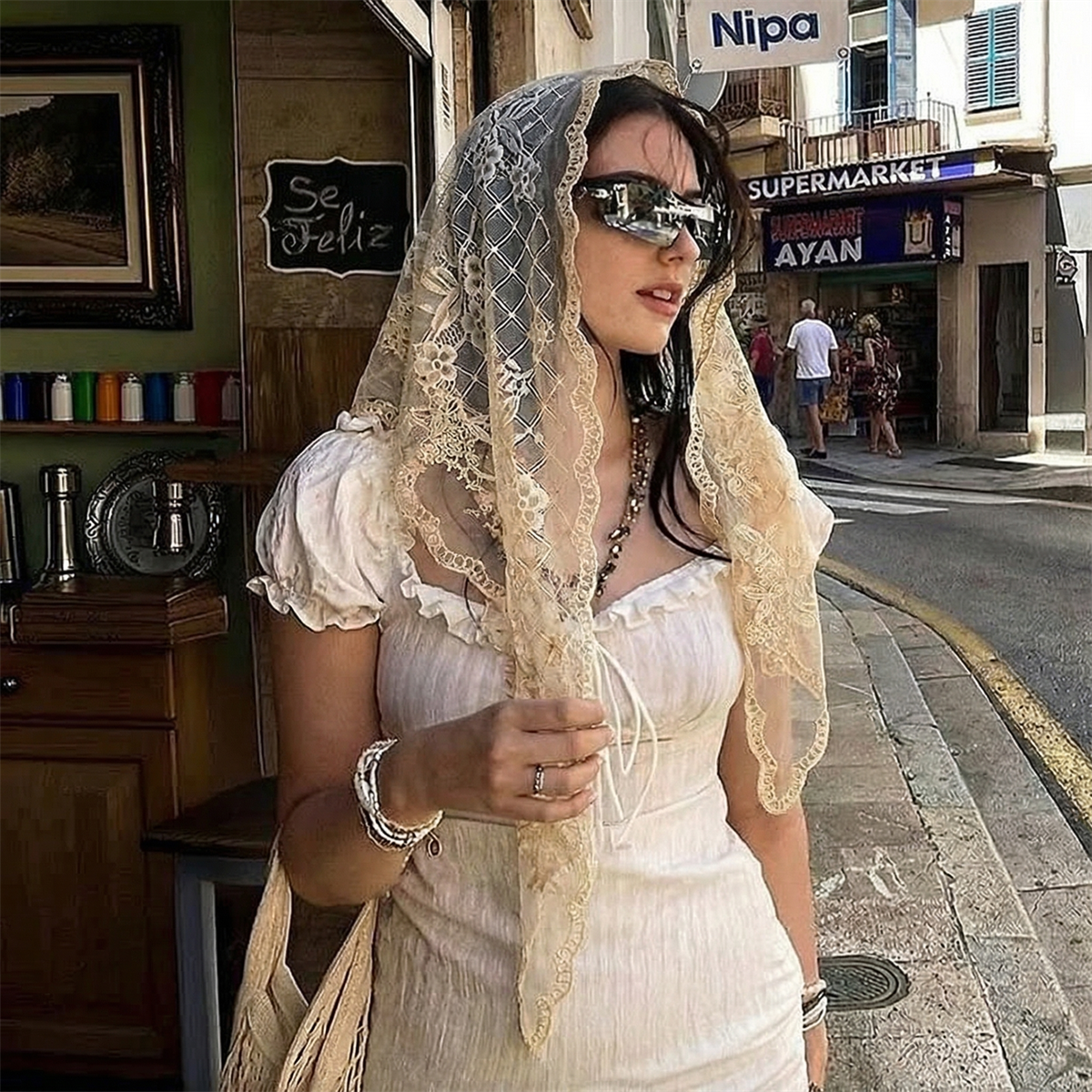 Bandana triangulaire ajouré pour femme, foulard d'été en dentelle et foulard de tête, foulard à nouer pour les cheveux, style bohème, protection solaire pour la plage