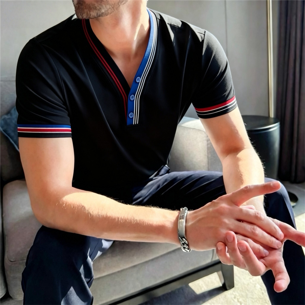 T-shirts en tricot élastique de luxe pour hommes, col en V élégant, coupe ajustée, hauts décontractés et tendance pour l'été, vêtements streetwear pour hommes
