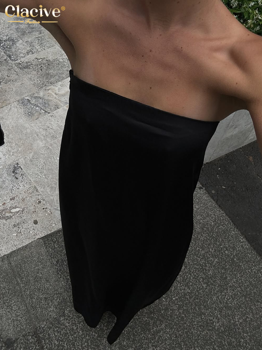 Clacive été ample noir femmes robe 2025 mode sans bretelles sans manches Maxi robes Sexy classique solide robe femme vêtements