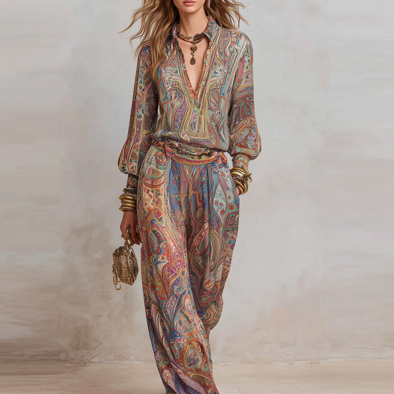 Ensemble deux pièces bohème pour femme, imprimé cachemire, haut à manches longues et col en V, pantalon large, tenue décontractée pour les vacances