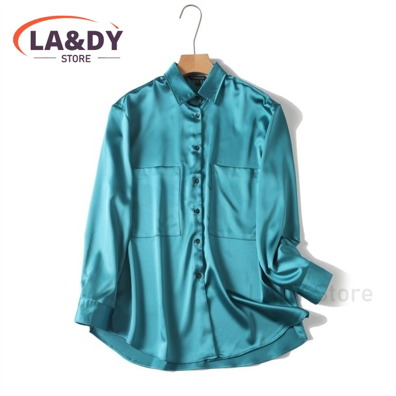 Ensemble chemise boutonnée élégante en satin et jupe midi pour femme, tenue deux pièces à manches longues pour le bureau ou les soirées