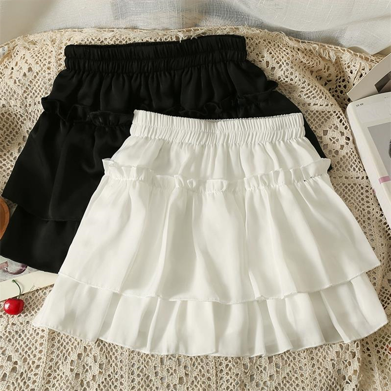 Été Kawaii blanc volants jupe femmes mode coupe ajustée en mousseline de soie Mini jupes Giris Y2k tout Match élastique taille haute noir Faldas