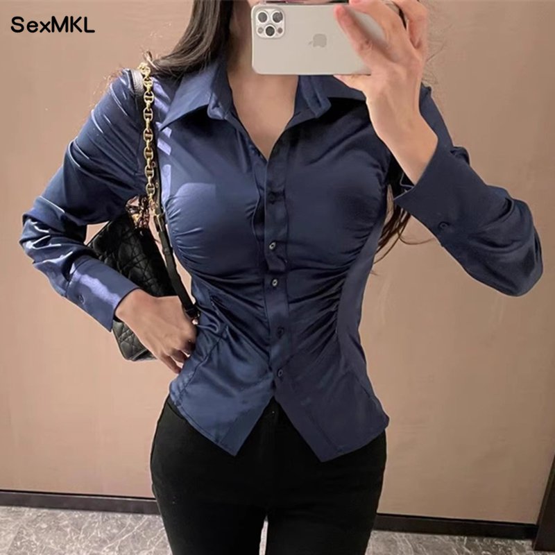 Chemises blanches en soie pour femmes, élégantes, manches longues, OL, vêtements coréens Y2k, Slim, boutons, chemisiers décontractés, hauts Vintage