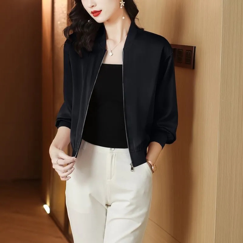 Manteau court en soie pour femmes, col de Baseball lisse, veste courte printemps/été, chemise de protection solaire, haut à manches longues avec fermeture éclair, à la mode, 2025