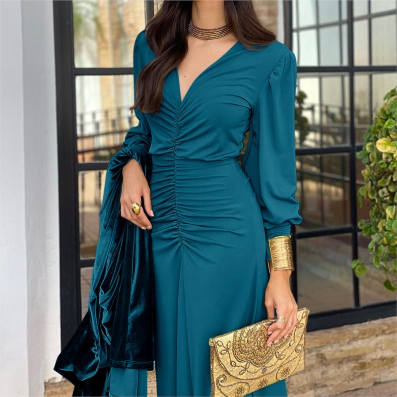 Femmes robe longue élégante moulante enveloppé noeud solide col en v à manches longues soirée Cocktail robes formelles pour les femmes