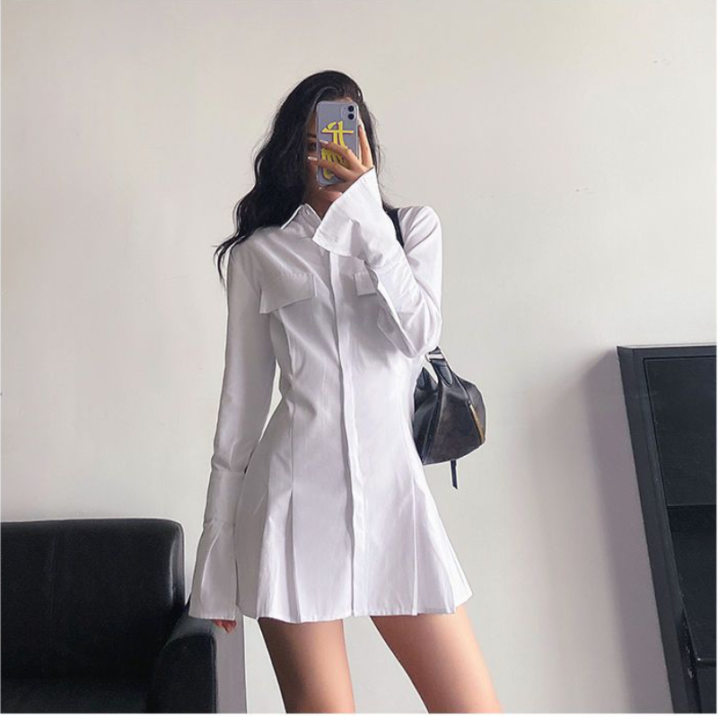 HOUZHOU Robe chemise noire femmes élégant Vintage robes à manches longues Sexy gothique plissé Streetwear col rabattu Robe décontractée