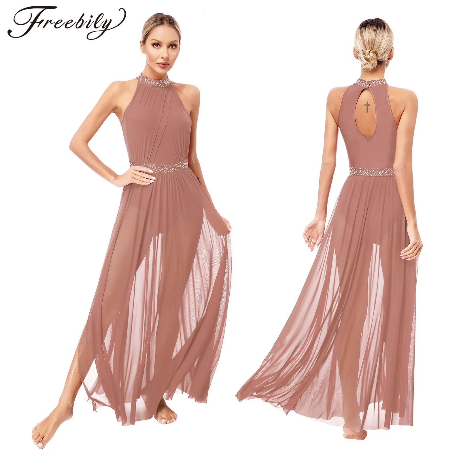 Robe de danse lyrique pour femmes, Costume de spectacle de Ballet, gymnastique, patinage, sans manches, strass brillants, robes justaucorps en maille fendue