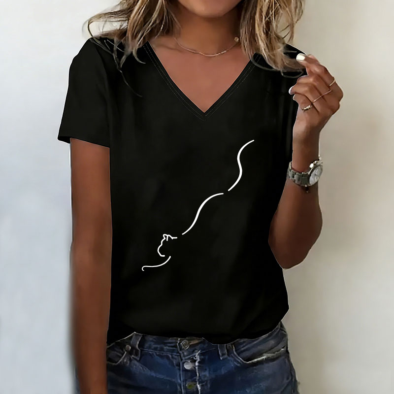 T-shirt Kawaii Cat à col en V, décontracté, à la mode, pour femmes, à manches courtes, col en V, été, printemps