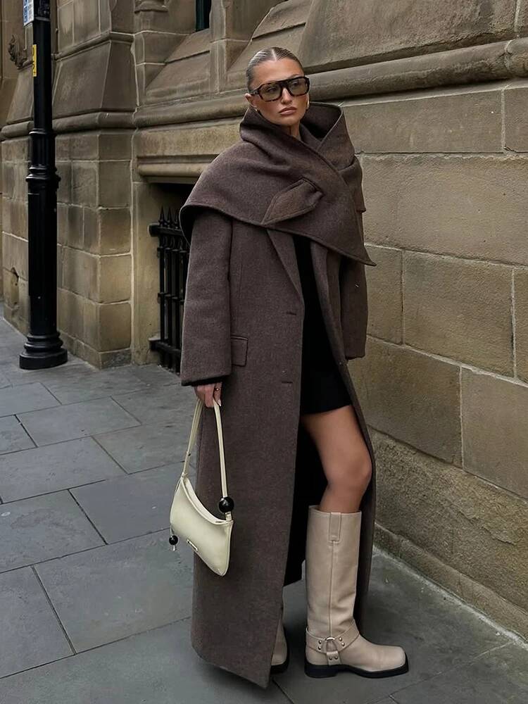 Manteau long élégant pour femme en laine mélangée avec épaulettes, col à revers, simple boutonnage, manches longues, marron, collection automne 2025, vêtement de ville pour femme