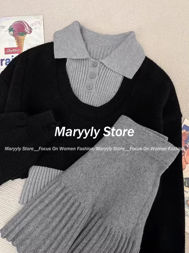 Tenue tricotée pour femme, mode coréenne, haut court décontracté Y2k, ensemble 2 pièces + Mini jupe à volants, costumes de bureau, automne et hiver