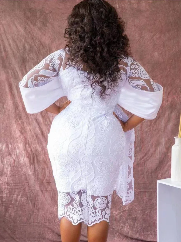 Robe mi-longue brodée à col rond pour femmes, robes vintage en dentelle blanche, tunique GT Hip, rétro, élégante, fête de vacances, mariage, quoi que ce soit