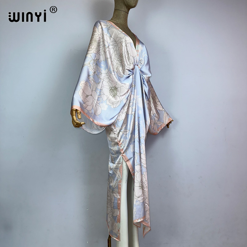 WINYI Nouvelle Robe d'Été à Fente Haute, Sexy et Élégante, Imprimée, pour Femmes, Kaftan Bohème à Manches Longues, Robe de Plage à la Mode pour Dames