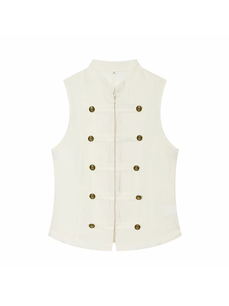 Blouse Chic Décontractée Vintage pour Femme, Col Rond, Double Boutonnage, Sans Manches, Tendance Été, Hauts de Vacances